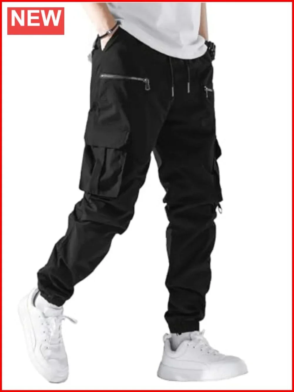Men's Casual Cargo Pants Elastic Waist Drawstring Joggers Multi Pockets